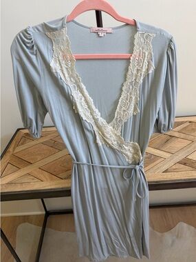 Light Blue Lace-Trim Wrap Dress